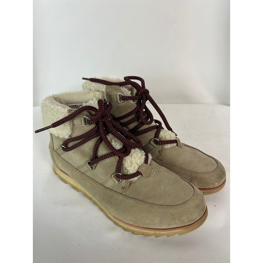 Sorel Kinetic Sport Tan Suede Faux Shearling Hiking Winter Ankle Boots 8